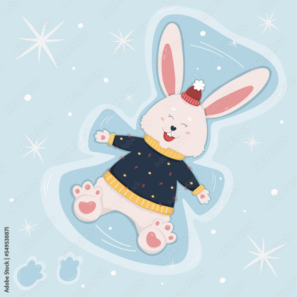 Cute rabbit makes snow angel, snowfall. Festive poster greeting card hand drawn. Flat vector illustration Cute rabbit makes snow angel, snowfall. Festive poster greeting card hand drawn. Flat vector illustration