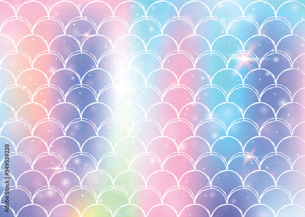 Rainbow scales background with kawaii mermaid princess pattern.