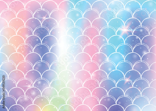 Rainbow scales background with kawaii mermaid princess pattern.