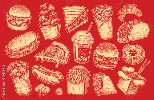 Fast Food and Drink set for restaurant or cafe menu. Street food, takeaway concept. Collection vector illustration