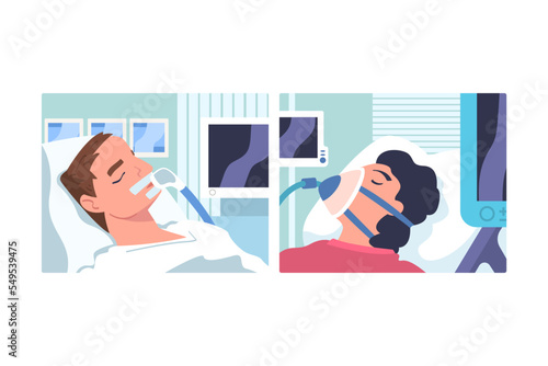 Young Man and Woman Patient in Hospital Lying on Bed with Mask Having Artificial Lung Ventilation Being in Critical Condition Vector Set