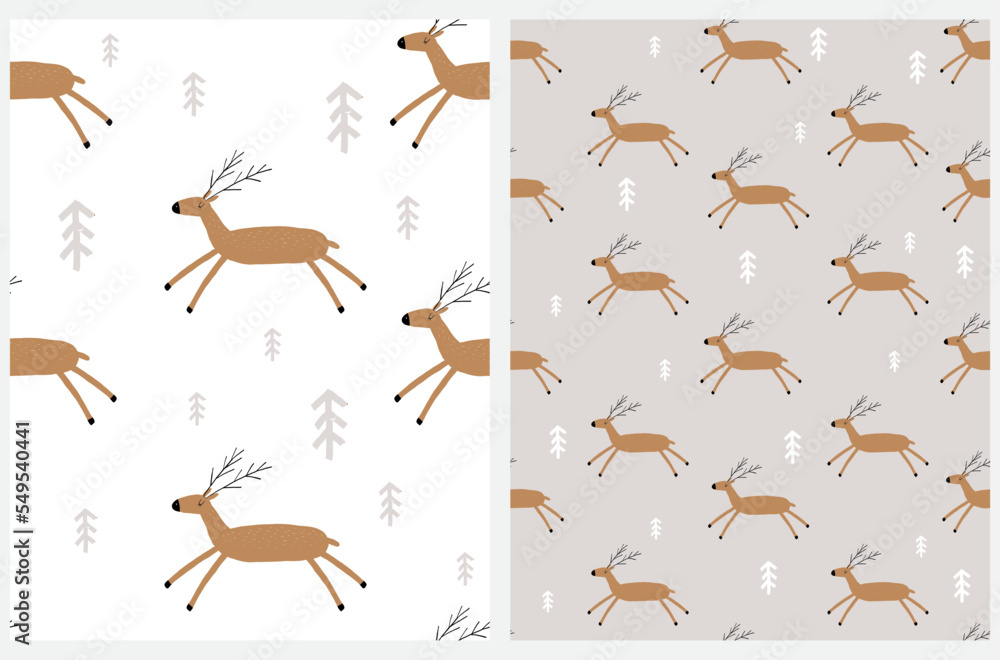 Lovely Simple Infantile Style Vector Seamless Patterns with Deer in the Forest. Brown Hand Drawn Stag with Black Antlers Running Among Trees on a White and Gray Background. Woodland Print. Lovely Simple Infantile Style Vector Seamless Patterns with Deer in the Forest. Brown Hand Drawn Stag with Black Antlers Running Among Trees on a White and Gray Background. Woodland Print.