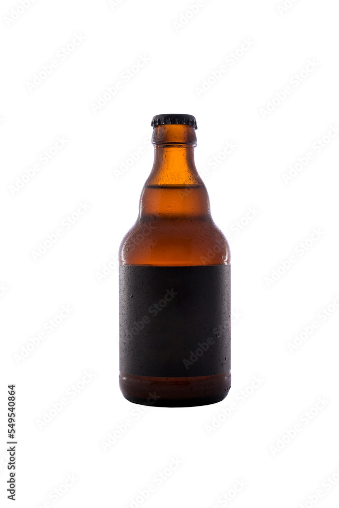 Brown bottle of beer isolated on white background sprayed with water. Beer in a bottle Brown bottle of beer isolated on white background sprayed with water. Beer in a bottle