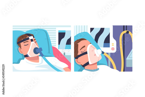 Young Man Patient in Hospital Lying on Bed with Mask Having Artificial Lung Ventilation Being in Critical Condition Vector Set