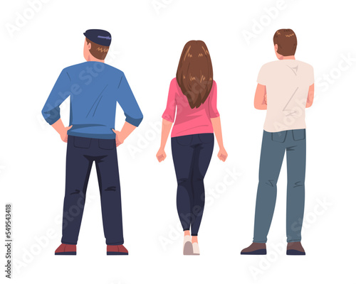 Man and Woman Character Standing Back View Vector Set