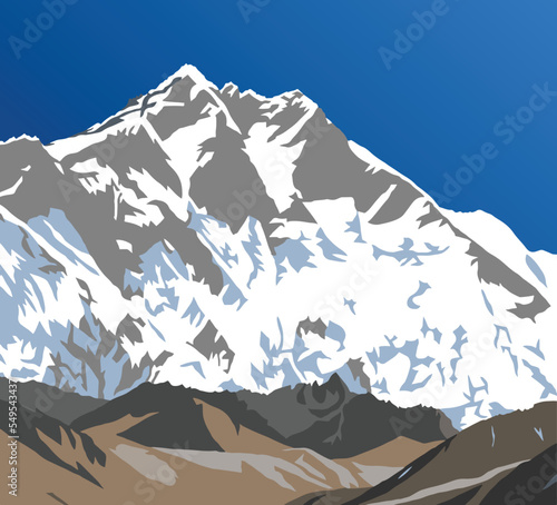 Mount Lhotse south rock face, vector illustration, Khumbu valley, Everest area, Nepal himalayas mountains