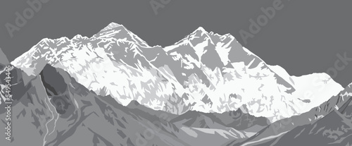 Mount Lhotse and Nuptse south rock face and top of Mt Everest, black and white vector illustration, Khumbu valley, Everest area, Nepal himalayas mountains