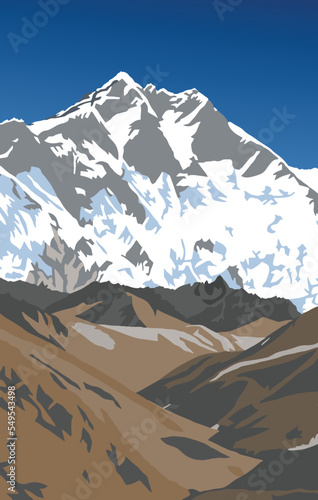 Mount Lhotse south rock face, vector illustration, Khumbu valley, Everest area, Nepal himalayas mountains