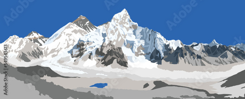 mount Everest and Nuptse from Nepal side as seen from Kala Patthar peak, vector illustration, Mt Everest 8,848 m, Khumbu valley, Sagarmatha national park, Nepal Himalaya mountain