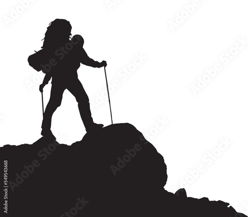 black silhouette of hiker or tourist or backpacker on white background, vector illustration