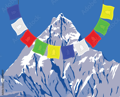 vector illustration of mount Machapuchare or Machhapuchhare and biddhist prayer flags, Annapurna range, Nepal Himalaya mountains photo
