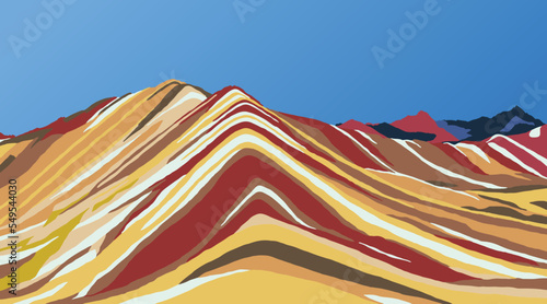 Rainbow mountains or Vinicunca Montana de Siete Colores isolated on blue sky background, Cuzco region in Peru, Peruvian Andes, panoramic view vector illustration