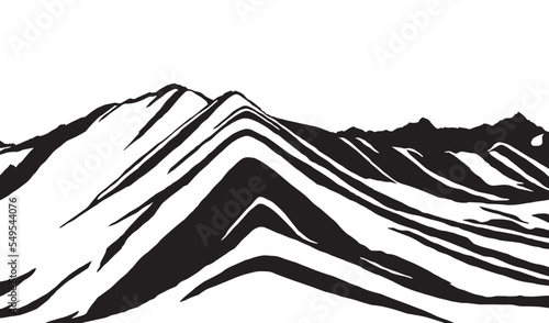 Rainbow mountains or Vinicunca Montana de Siete Colores black and white logo, Cuzco region in Peru, Peruvian Andes, panoramic view vector illustration