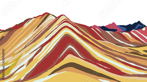 Rainbow mountains or Vinicunca Montana de Siete Colores isolated on white sky background, Cuzco region in Peru, Peruvian Andes, panoramic view vector illustration