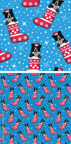 Pattern design with Border collie dogs in stockings, seamless pattern. Repeatable textile, wrapping paper, blue background graphic design. Christmas winter wallpaper with snowflakes, dog in a hat. 