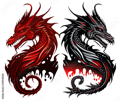 Wallpaper Mural two dragon tattoos on a white background, one is red and the other is black and white, both have a dragon's head and tail Torontodigital.ca