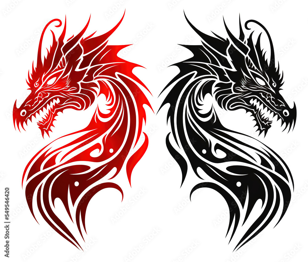 two dragon tattoos on a white background, one is red and the other is black and white, both have a dragon's head and tail two dragon tattoos on a white background, one is red and the other is black and white, both have a dragon's head and tail