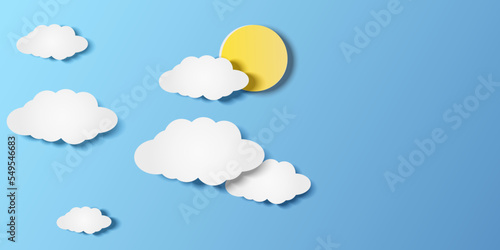 Vector illustration of sun on blue sky with clouds.