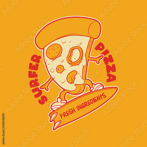 Cool Pizza Slice character surfing vector illustration. Food, sport, brand design concept.