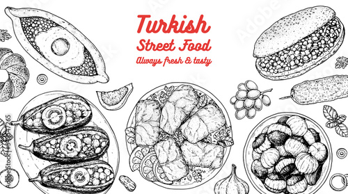 Turkish food top view vector illustration. Food menu design template. Hand drawn sketch. Turkish food menu. Vintage style. Imam Bayildi, Pide, Dolma, Kokorec, Roasted Chestnuts, Simit, Kebab.