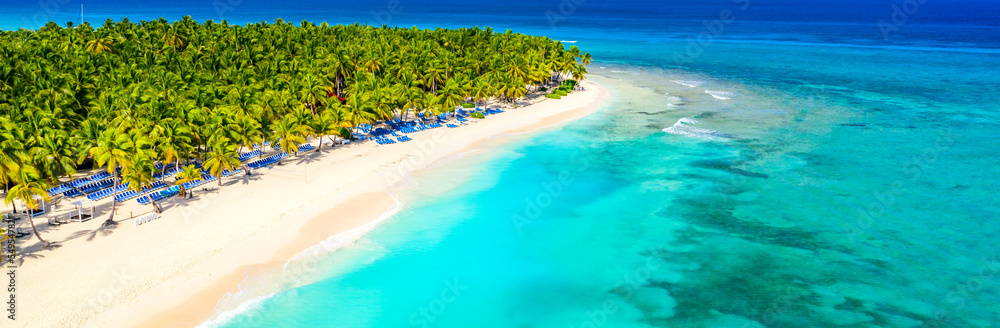 Aerial drone view of beautiful tropical island beach with palms. Vacation background. Banner view - obrazy, fototapety, plakaty 