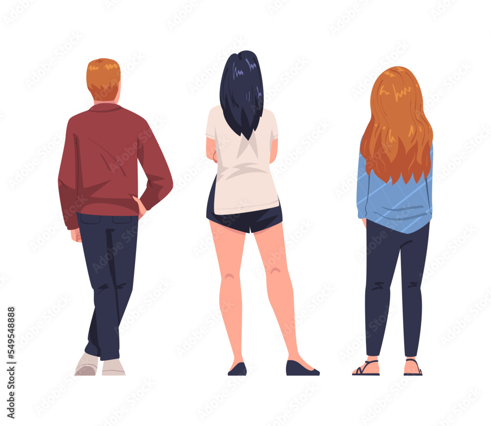 Man and Woman Character Standing Back View Vector Set Man and Woman Character Standing Back View Vector Set