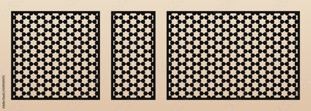 Laser cut patterns. Vector design with elegant geometric ornament, abstract floral grid, mesh. Oriental style decorative panels. Template for cnc cutting of wood, metal. Aspect ratio 1:1, 1:2, 3:2