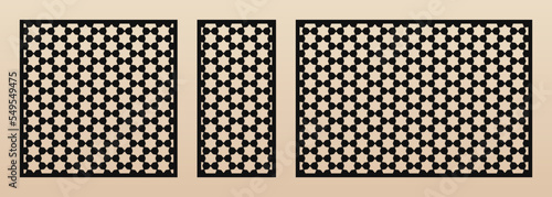 Laser cut patterns. Vector design with elegant geometric ornament, abstract floral grid, mesh. Oriental style decorative panels. Template for cnc cutting of wood, metal. Aspect ratio 1:1, 1:2, 3:2