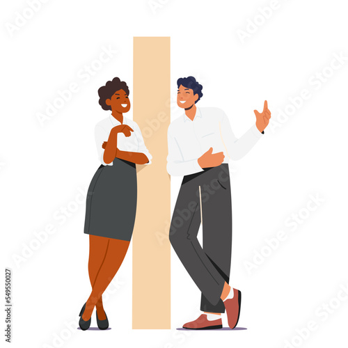 Workplace Bullying, Gossips, Communication. Business Man and Woman Discuss Colleague At Workplace In Office