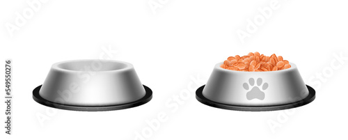 Realistic feed bowl, pet food plates mockup. Full and empty crockery for cat and dog, zoo shop dish