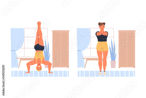 Man and Woman Character Doing Sport at Home Vector Set
