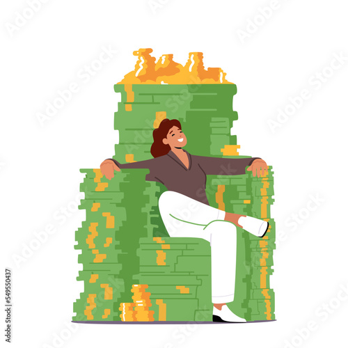 Rich Millionaire Businesswoman Character Sitting on Throne made of Money Stacks, Gold Coins and Dollars. Business Growth
