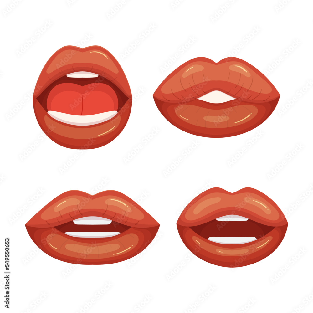 Set Of Red Female Lips. Sexy Woman with Teeth and Tongue, Closed And