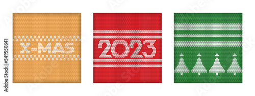 Knitted New Year poster minimalistic set. X mas and 2023 text. Christmas tree on green background. Seamless Christmas pattern. Vector illustration