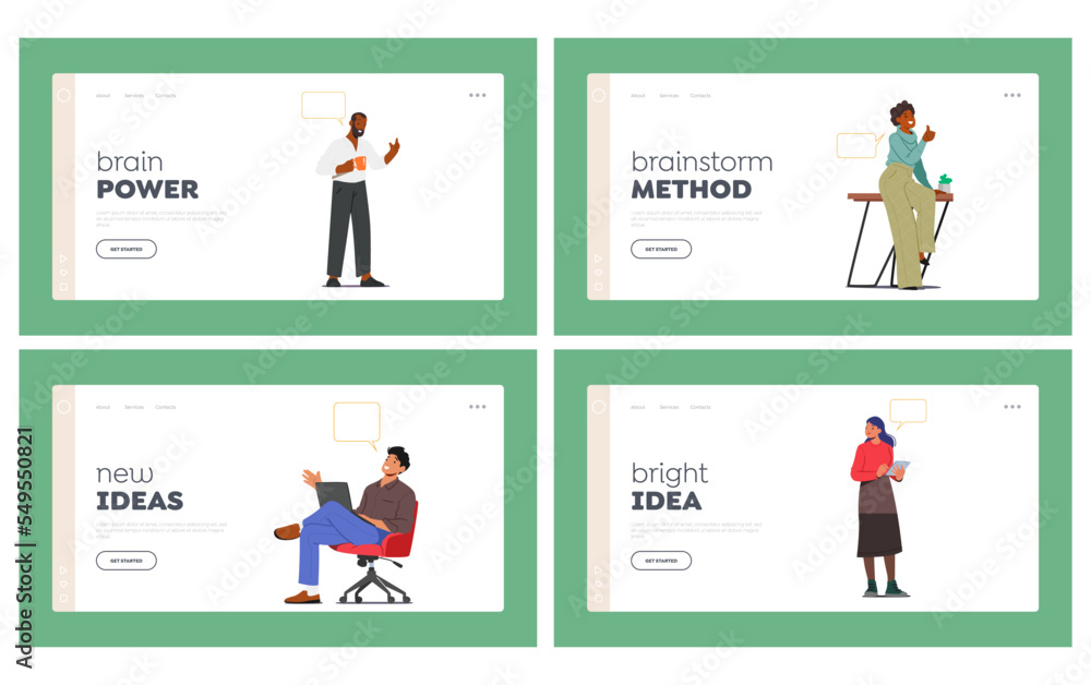 Brainstorm Project Landing Page Template Set. Business People Discussing Idea on Board Meeting in Office Illustration