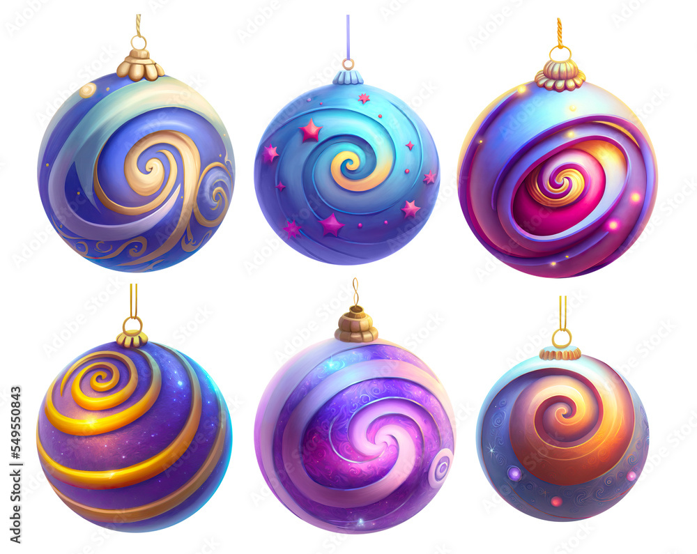 Set of decorated christmas balls with swirl motif isolated on white background. Digital illustration
