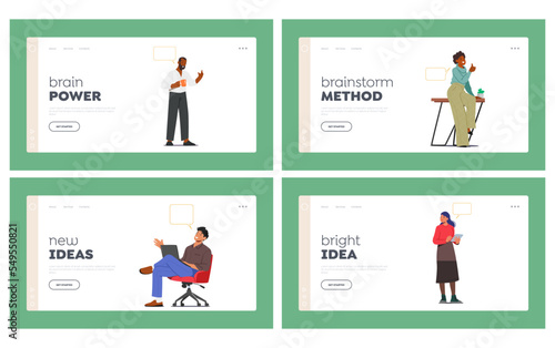Brainstorm Project Landing Page Template Set. Business People Discussing Idea on Board Meeting in Office Illustration