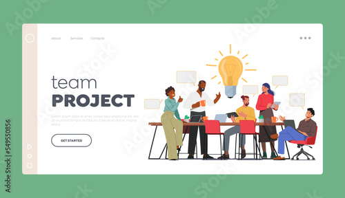 Brainstorm, Team Project Landing Page Template. Business People Discussing Idea on Board Meeting in Office Illustration