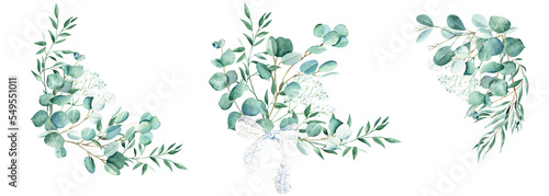 Watercolor bouquets set. Eucalyptus, pistachio and gypsophila branches. Hand drawn botanical illustration isolated on white background. Can be used for greeting cards, wedding and baby shower photo