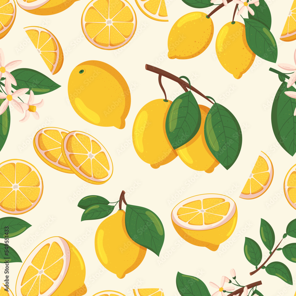 Seamless Pattern with Lemons on White Background. Sliced and Whole Citrus Fruits Blooming Flowers, Branches Seamless Pattern with Lemons on White Background. Sliced and Whole Citrus Fruits Blooming Flowers, Branches