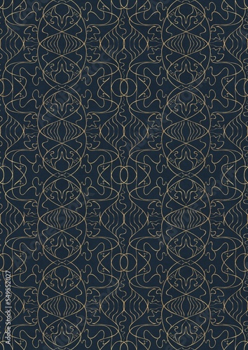 Hand-drawn unique abstract symmetrical seamless gold ornament on a deep blue background. Paper texture. Digital artwork, A4. (pattern: p02-1e)