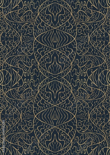 Hand-drawn unique abstract symmetrical seamless gold ornament on a deep blue background. Paper texture. Digital artwork, A4. (pattern: p02-2d)