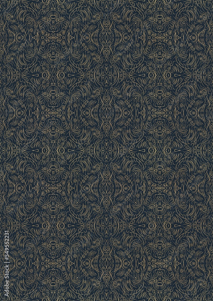 Hand-drawn unique abstract symmetrical seamless gold ornament on a deep blue background. Paper texture. Digital artwork, A4. (pattern: p03e)