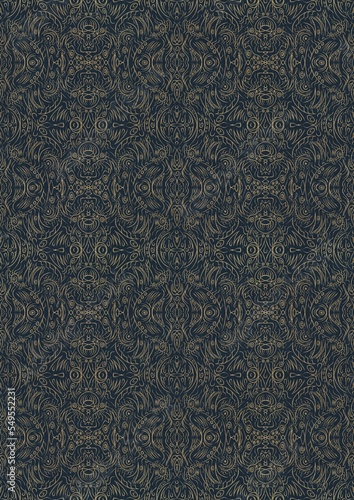 Hand-drawn unique abstract symmetrical seamless gold ornament on a deep blue background. Paper texture. Digital artwork, A4. (pattern: p03e)