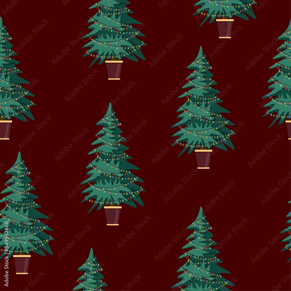 Potted Christmas tree seamless pattern on red background.