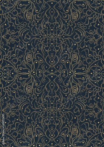 Hand-drawn unique abstract symmetrical seamless gold ornament on a deep blue background. Paper texture. Digital artwork  A4.  pattern  p07-2d 