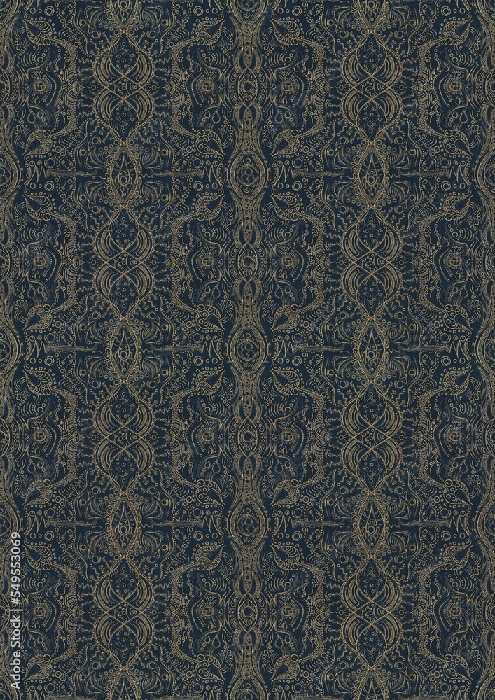 Hand-drawn unique abstract symmetrical seamless gold ornament on a deep blue background. Paper texture. Digital artwork, A4. (pattern: p09e)