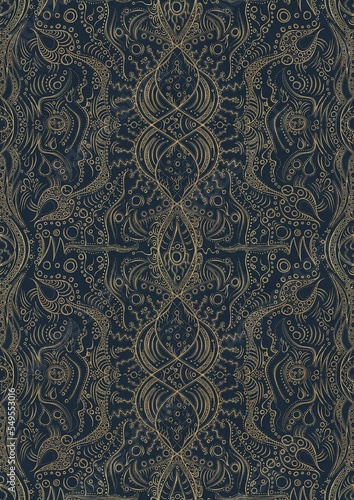 Hand-drawn unique abstract symmetrical seamless gold ornament on a deep blue background. Paper texture. Digital artwork  A4.  pattern  p09d 