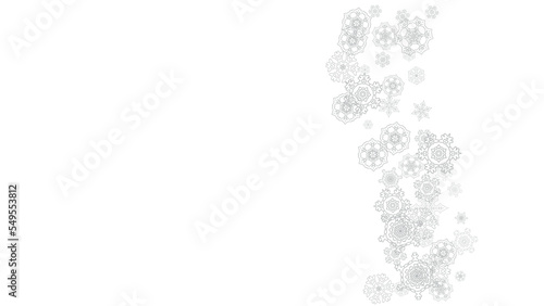 Snowflakes falling on white background. Horizontal Christmas and Happy New Year theme. Silver falling snowflakes for banner, gift card, party invitation, partner compliment and special business offers