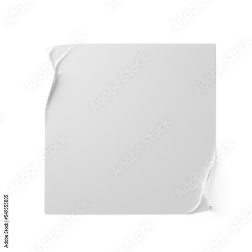 Blank, empty square white plastic foil sticker with crumpled corners on white background with copy space